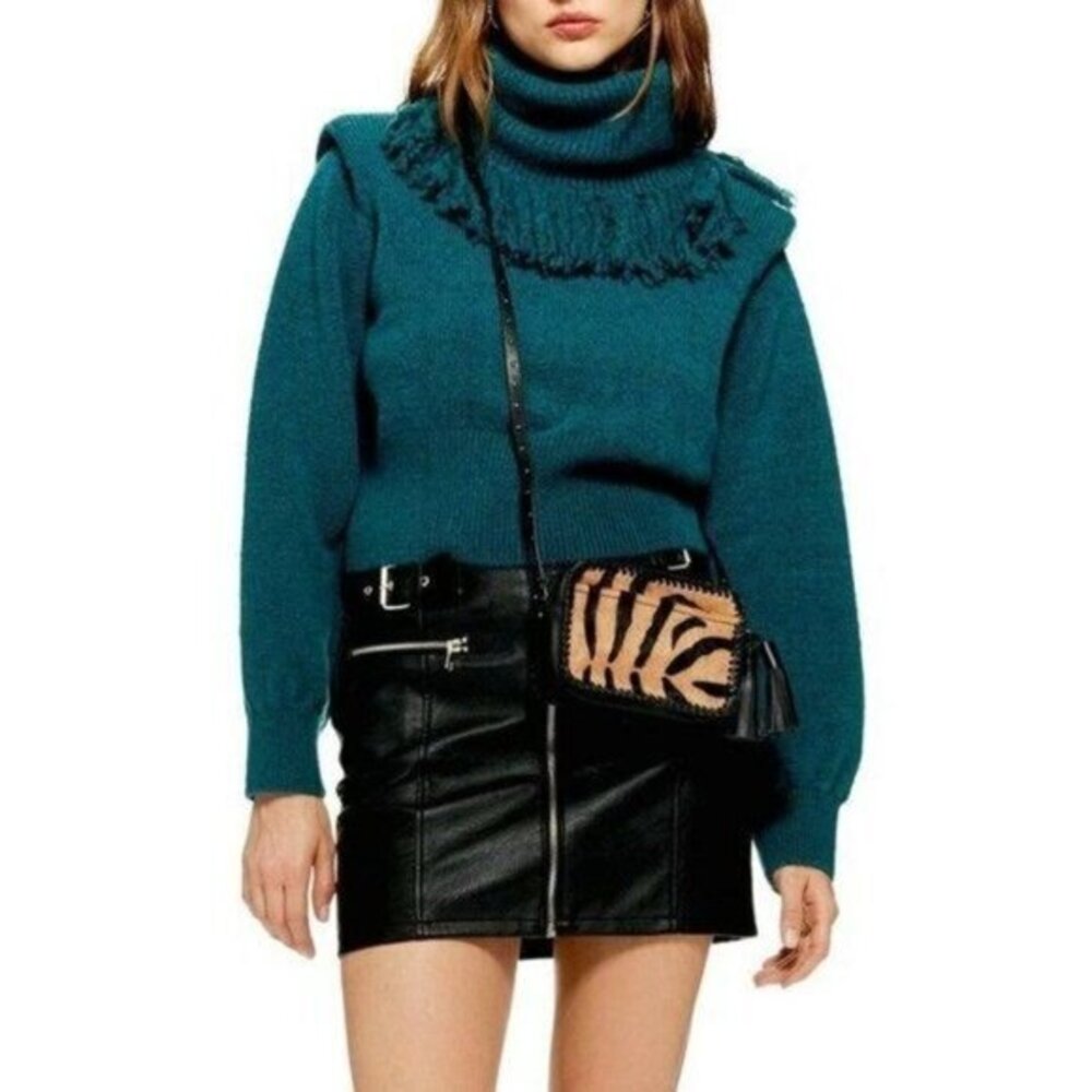 TOPSHOP Green Rock It Fringe Turtleneck Knit Cropped Sweater Pullover Sz 8 M NEW